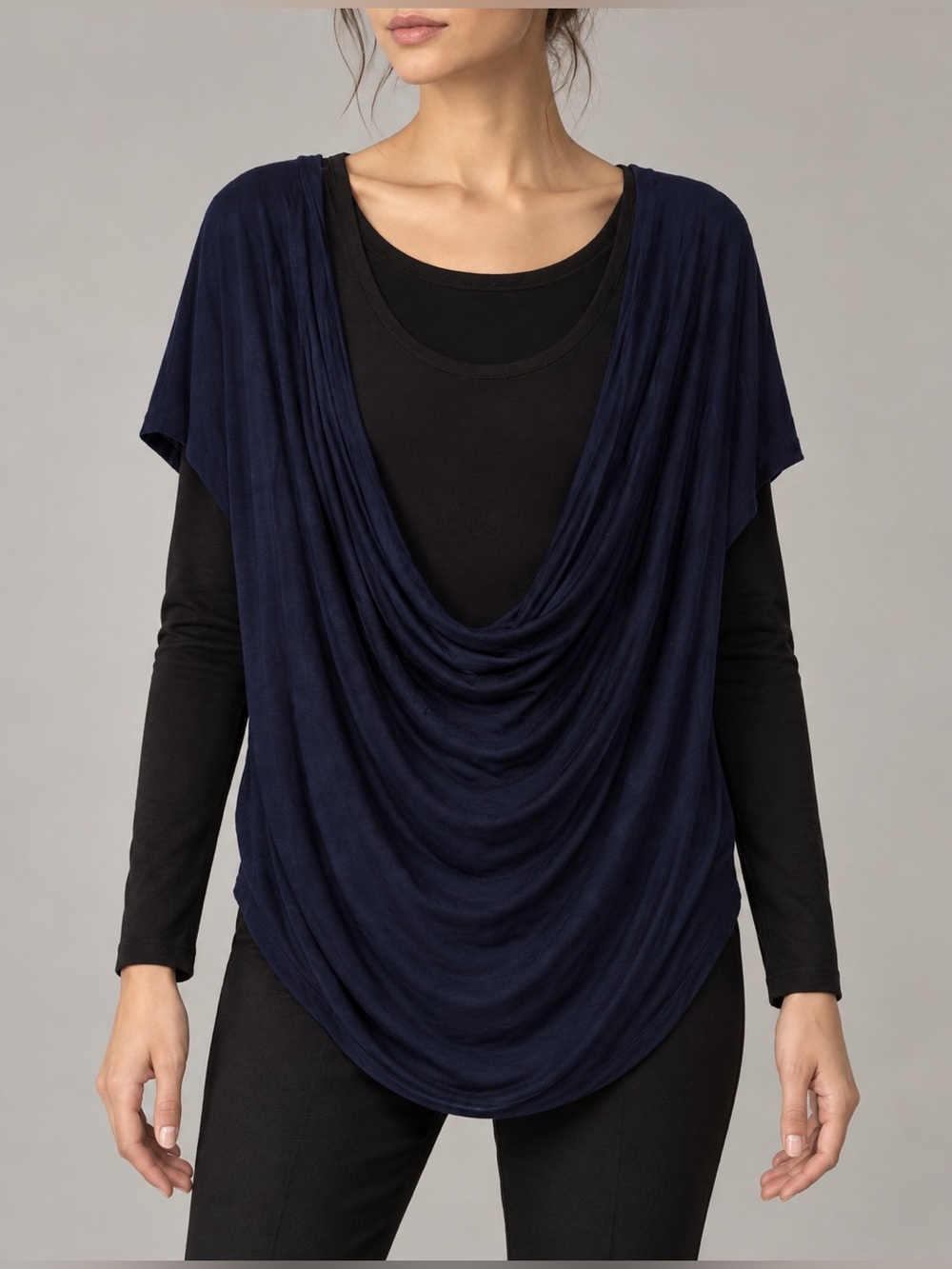 Robert Rodriguez Navy Black Layered Cowl Neck Draped Top Twofer EUC M #2631